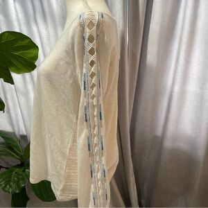 Miss Me Long Sleeve Top-Knit Sleeves - Cream & Blue- Women's Medium